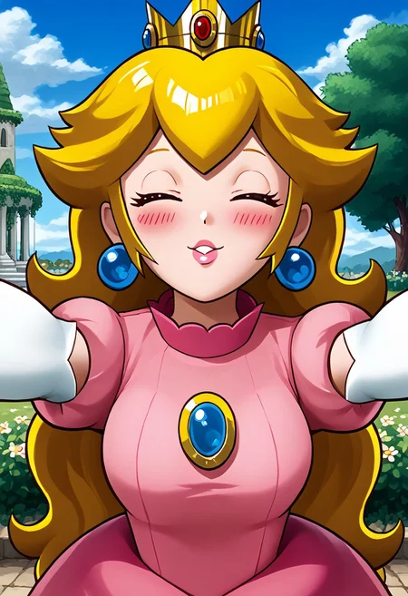 <lora:add-detail-xl:-2>, score_9, score_8_up, score_7_up, marble sculpture pedistal, sppeach, detailed eyes, detailed face, detailed skin, medium breasts, curvy, long hair, blonde hair, crown, elbow gloves, earrings, smile, shy, blushing, 1girl, outside, garden background, sky, marble female statues, <lora:incoming-hug-ponyxl-lora-nochekaiser:1>, incoming hug, looking at viewer, reaching, reacing towards viewer, outstretched arms, hands out of frame, incoming kiss, closed eyes, blush,
