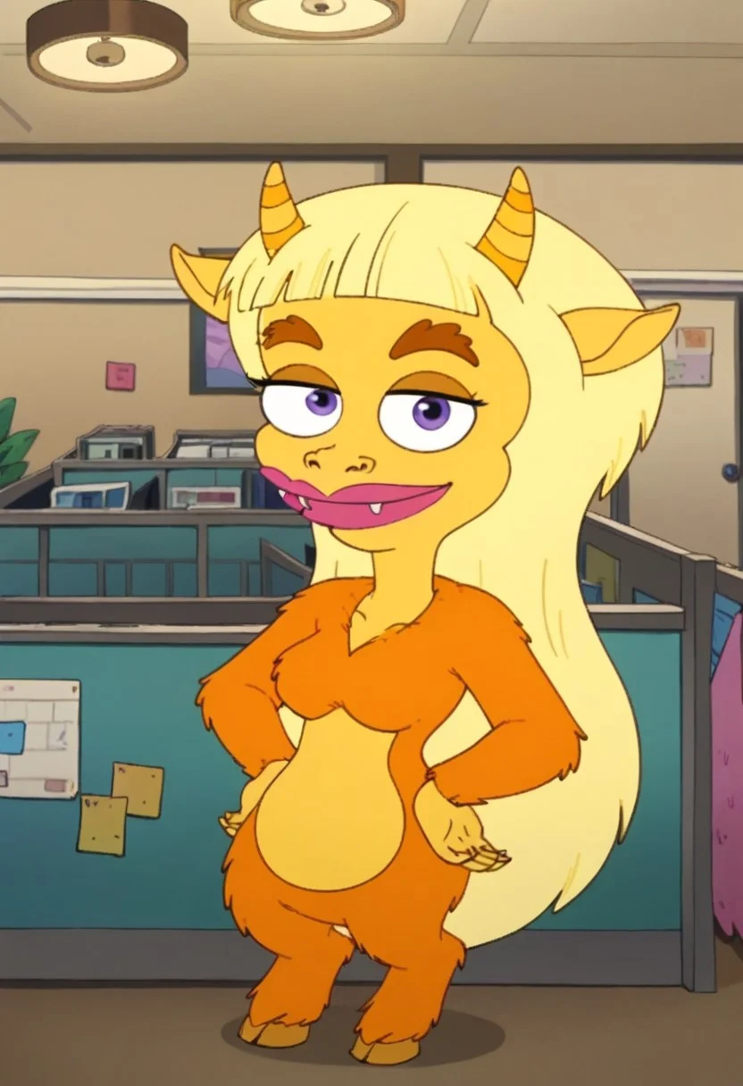 score_8, score_8_up, score_7_up, 1girl, female focus, furry, Solo, female monster, Lorraine_BM, purple blue eyes, blonde hair, long hair, yellow horns, big ears, broad mouth, fluorescent pink lips, little fangs, wide nose, brown eyebrows, yellow skin, alloy orange body fur, hooves as feet, smile, standing, indoors, bed, bedroom, nightstand, lamp, window, looking at the viewer, happy, hands on hips, full body