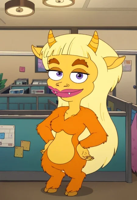 score_8, score_8_up, score_7_up, 1girl, female focus, furry, Solo, female monster, Lorraine_BM, purple blue eyes, blonde hair, long hair, yellow horns, big ears, broad mouth, fluorescent pink lips, little fangs, wide nose, brown eyebrows, yellow skin, alloy orange body fur, hooves as feet, smile, standing, indoors, bed, bedroom, nightstand, lamp, window, looking at the viewer, happy, hands on hips, full body