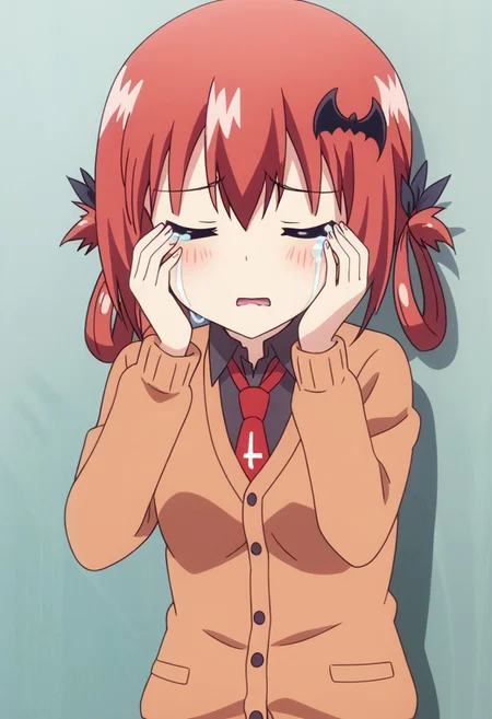 anime screencap, cowboy shot, upper body,
sad, crying, tears, hands rubbing eyes,
satanichia kurumizawa mcdowell,1girl,solo,long hair, bat hair ornament,hair ornament,necktie, hair rings, cardigan, school uniform, closed eyes, frown,
blush, open mouth, arms raised, hands on face, cat paw, scream
BREAK
outdoors,school building,grass,three,school yard,
leaning against a wall