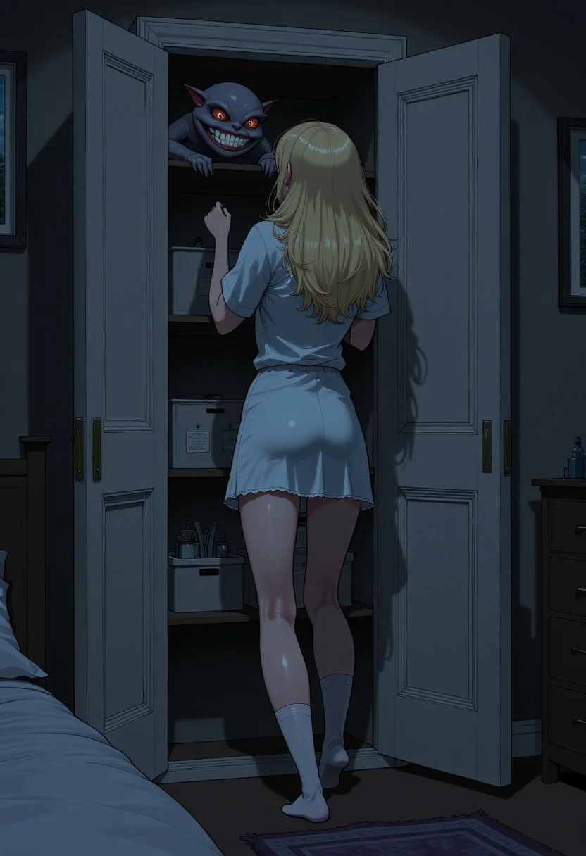 An illustrated scene of a beautiful woman opening a closet door in a dark bedroom. The woman has long blonde hair and is wearing a short night shirt and knee socks. She has long, slender legs, She is scared and apprehensive. The bedroom is dark. The scene is foreboding but slightly comic, as the woman's fears have manifested inside her closet. There is a small monster on the top shelf of the closet. Only the monster's teeth are visible. The teeth are shining bright white in the dark closet. The monster is smiling cruelly. Partial rear view. Perfect hand. Highest quality, best quality, masterpiece.
