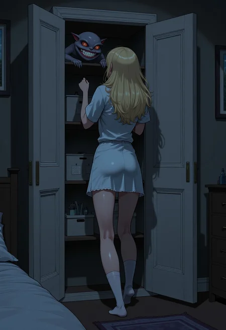 An illustrated scene of a beautiful woman opening a closet door in a dark bedroom.  The woman has long blonde hair and is wearing a short night shirt and knee socks. She has long, slender legs, She is scared and apprehensive. The bedroom is dark. The scene is foreboding but slightly comic, as the woman's fears have manifested inside her closet. There is a small monster on the top shelf of the closet. Only the monster's teeth are visible. The teeth are shining bright white in the dark closet. The monster is smiling cruelly. Partial rear view. Perfect hand. Highest quality, best quality, masterpiece.