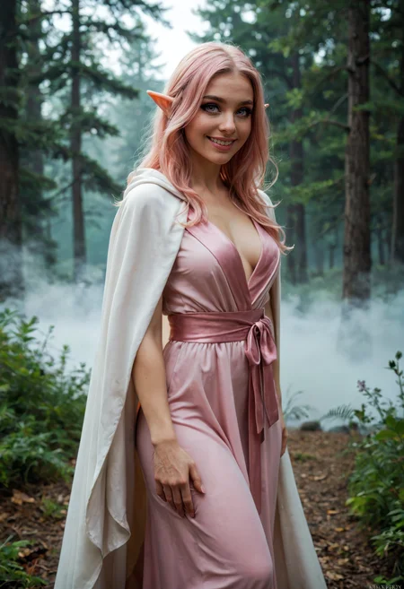 score_9, score_8_up, score_7_up, (masterpiece, best quality, ultra-detailed, realistic), 1girl, solo, sexy elf woman, youthful round face, cute, forest, thick eyeliner, long straight pink hair, sweet smile, realistic eyes, elegant robe with Nature-Themed Embroidery, cloak, dynamic pose, dynamic angle, soft volumetric lighting, outdoors, mystical, (fog:1.2)