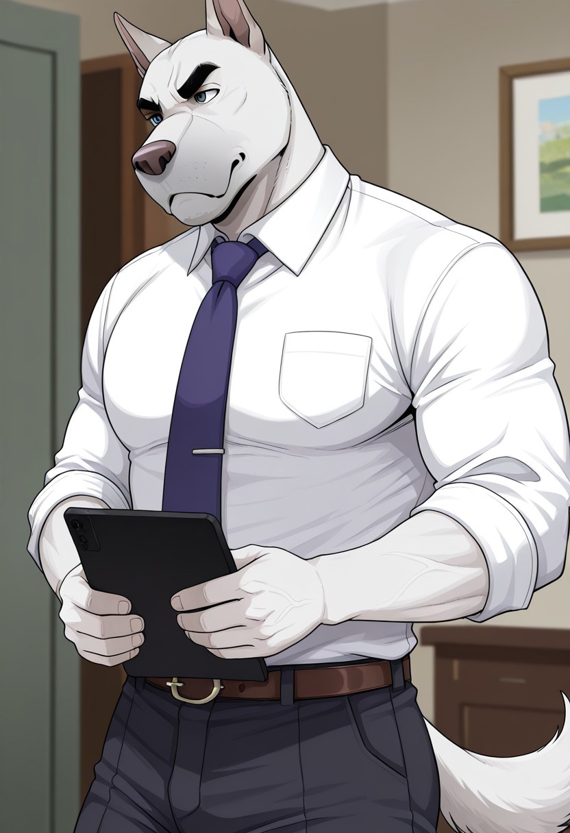 score_9, score_8_up, score_7_up, score_6_up, score_5_up, score_4_up, solo, 1boys, detailed background, detailed face, dog tail, dog, gray nose, Emery Walden, 2d, jackaloo style, serious expression, thick, white body, muscular, white shirt, tie, jacket, trousers