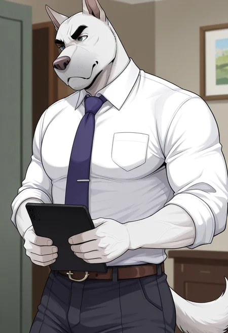 score_9, score_8_up, score_7_up, score_6_up, score_5_up, score_4_up, solo, 1boys, detailed background, detailed face, dog tail, dog, gray nose, Emery Walden, 2d, jackaloo style, serious expression, thick, white body, muscular, white shirt, tie, jacket, trousers