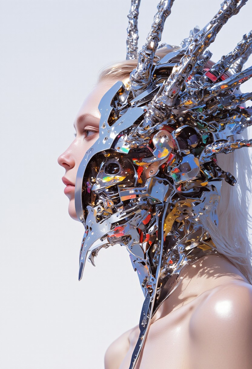 (hyper-realistic, 8K, HD) close-up portrait of a futuristic woman wearing a fractured, asymmetrical mask made of silver crystal, detailed with jagged chrome spikes extending outward in chaotic, neural-like paths. The mask glints with metallic reflections, enhancing the sharp contrast against her smooth porcelain skin. She wears a precision-crafted dot-and-line bodysuit, complex and digital, interwoven with 12 vibrant colors: sapphire blue, ruby red, emerald green, golden yellow, amethyst purple, coral pink, aquamarine teal, obsidian black, pearl white, burnt orange, silvery gray, and deep violet. Each hue is distributed with care, forming kinetic, holographic patterns that flow over her body in motion. Her shoulder-length white hair is sleek and clean, gently framing her face and softening the harsh edges of the chrome. The background is a gradient of pale silver and white, amplifying her futuristic, high-tech aesthetic. Directional lighting from the left casts sharp, cold highlights across the spikes and crystalline surface, while subtle shadows emphasize the vivid color geometry of the suit. The image balances icy elegance with intricate, machine-level precision. (xijie_blue, mythp0rt, dynamic pose)