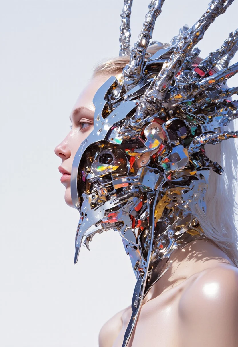 (hyper-realistic, 8K, HD) close-up portrait of a futuristic woman wearing a fractured, asymmetrical mask made of silver crystal, detailed with jagged chrome spikes extending outward in chaotic, neural-like paths. The mask glints with metallic reflections, enhancing the sharp contrast against her smooth porcelain skin. She wears a precision-crafted dot-and-line bodysuit, complex and digital, interwoven with 12 vibrant colors: sapphire blue, ruby red, emerald green, golden yellow, amethyst purple, coral pink, aquamarine teal, obsidian black, pearl white, burnt orange, silvery gray, and deep violet. Each hue is distributed with care, forming kinetic, holographic patterns that flow over her body in motion. Her shoulder-length white hair is sleek and clean, gently framing her face and softening the harsh edges of the chrome. The background is a gradient of pale silver and white, amplifying her futuristic, high-tech aesthetic. Directional lighting from the left casts sharp, cold highlights across the spikes and crystalline surface, while subtle shadows emphasize the vivid color geometry of the suit. The image balances icy elegance with intricate, machine-level precision. (xijie_blue, mythp0rt, dynamic pose)