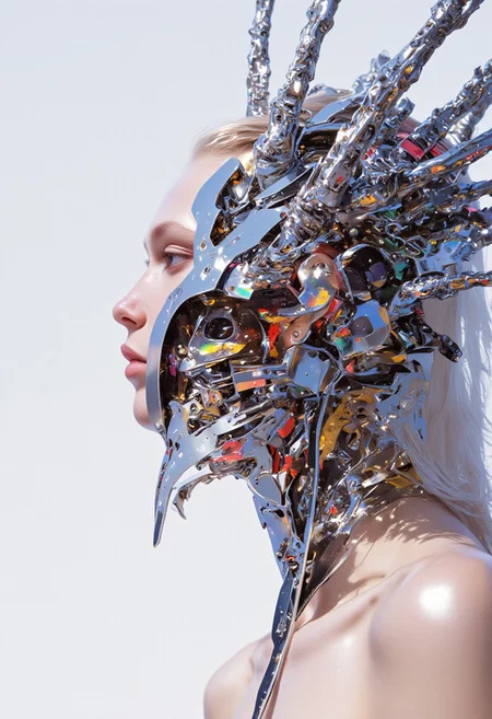 (hyper-realistic, 8K, HD) close-up portrait of a futuristic woman wearing a fractured, asymmetrical mask made of silver crystal, detailed with jagged chrome spikes extending outward in chaotic, neural-like paths. The mask glints with metallic reflections, enhancing the sharp contrast against her smooth porcelain skin. She wears a precision-crafted dot-and-line bodysuit, complex and digital, interwoven with 12 vibrant colors: sapphire blue, ruby red, emerald green, golden yellow, amethyst purple, coral pink, aquamarine teal, obsidian black, pearl white, burnt orange, silvery gray, and deep violet. Each hue is distributed with care, forming kinetic, holographic patterns that flow over her body in motion. Her shoulder-length white hair is sleek and clean, gently framing her face and softening the harsh edges of the chrome. The background is a gradient of pale silver and white, amplifying her futuristic, high-tech aesthetic. Directional lighting from the left casts sharp, cold highlights across the spikes and crystalline surface, while subtle shadows emphasize the vivid color geometry of the suit. The image balances icy elegance with intricate, machine-level precision. (xijie_blue, mythp0rt, dynamic pose)