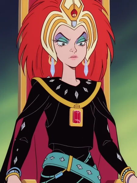 score_9, score_8_up, score_7_up,1girl, solo,    <lora:Dark_Princess_Pony:1> 1girl, solo, ssdp1, red hair, green eyes,  gold headgear, eyeshadow, makeup, diamond earrings, black outfit, long sleeves, diamond studs,, cape, jewelry, bracelets, rings, red jewel, standing, belt, crossed belts, arrogant,sitting on throne