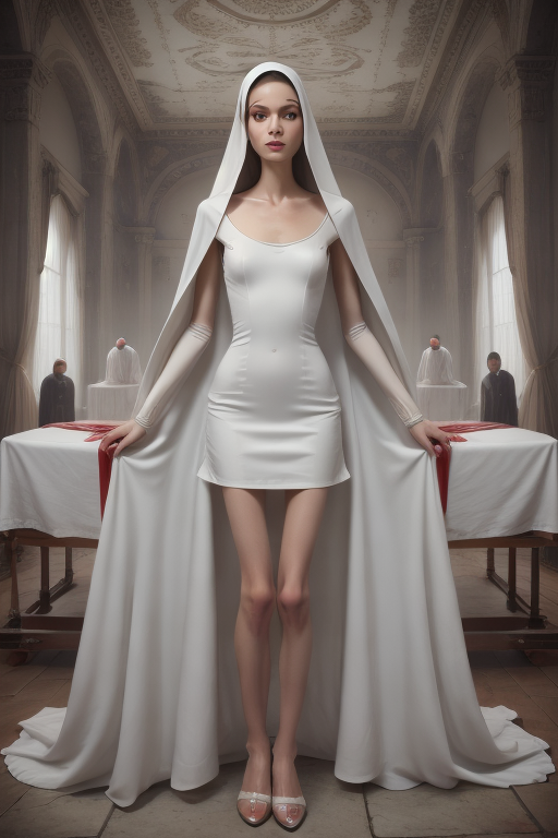 superskinnybody nun, white dress, coffin with red satin, masterpiece, 4k, intricate details, highly-detailed, hyper-realistic, best lighting,  <lora:superskinnybody:0.95>