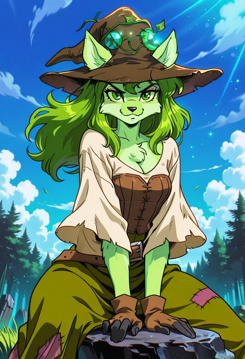 SophieSW, 1girl, solo, furry female, anthro, green hair, long hair, wavy hair, animal ears, patchwork brown witch hat, yellow sclera, green eyes, black snout, green fur, patchwork clothes, white shirt, wide sleeves, large breast, cleavage, brown corset, belt, green patchwork skirt, thick thighs, brown fingerless gloves, bare shoulders, ears through headwear,
,seductive pose, sexy pose, tease,
masterpiece, best quality, fine details, intricate details, depth of field, subsurface scattering, bokeh,
ultra-detailed, very aesthetic, detailed background, newest, scenery, highres, absurdres, colorful, vibrant, glowing, perfect face, 2d, perfect eyes, vibrant saturated colors, volumetric lighting, sharp, detailed eyes, perfect anatomy, perfect face, perfect eyes, mature body, clear eyes, beautiful eyes, athletic, curvy body, athletic girl, perky tits, perfect tits, round breasts, pinup pose, teasing, lustful expression, perfect hands,
muscular female, dutch angle,
flexible, action angle,floating hair, floating clothes, outdoors, sitting, stone, ruins dark temple, blue sky, cloud, grass, forest,
,Smooth Negative, Smooth_Quality,
90s_anime_aesthetic, 1990s (style), dark_fantasy_style, dark fantasy, retro,, retro artstyle