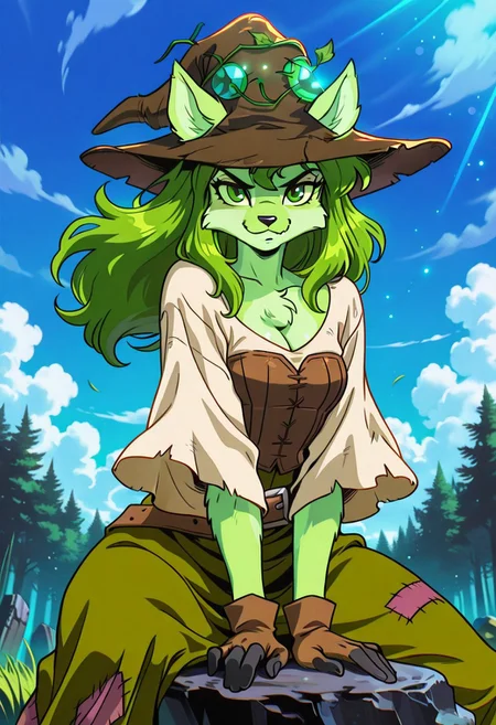 SophieSW, 1girl, solo, furry female, anthro, green hair, long hair, wavy hair, animal ears, patchwork brown witch hat, yellow sclera, green eyes, black snout, green fur, patchwork clothes, white shirt, wide sleeves, large breast, cleavage, brown corset, belt, green patchwork skirt, thick thighs, brown fingerless gloves, bare shoulders, ears through headwear,
,seductive pose, sexy pose, tease,
masterpiece, best quality, fine details, intricate details, depth of field, subsurface scattering, bokeh,
ultra-detailed, very aesthetic, detailed background, newest, scenery, highres, absurdres, colorful, vibrant, glowing, perfect face, 2d, perfect eyes, vibrant saturated colors, volumetric lighting, sharp, detailed eyes, perfect anatomy, perfect face, perfect eyes, mature body, clear eyes, beautiful eyes, athletic, curvy body, athletic girl, perky tits, perfect tits, round breasts, pinup pose, teasing, lustful expression, perfect hands,
muscular female, dutch angle,
flexible, action angle,floating hair, floating clothes, outdoors, sitting, stone, ruins dark temple, blue sky, cloud, grass, forest,
,Smooth Negative, Smooth_Quality,
90s_anime_aesthetic, 1990s (style), dark_fantasy_style, dark fantasy, retro,, retro artstyle