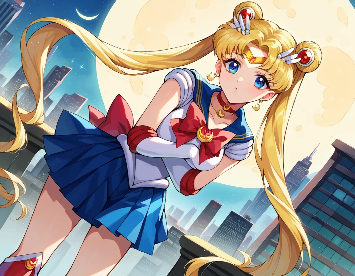 score_9, score_8_up, score_7_up, source_anime,
sailormoon, <lora:sailor-moon-ponyxl-lora-nochekaiser:1>
sailor moon, blonde hair, blue eyes, double bun, hair bun, hair ornament, long hair, twintails, circlet, parted bangs,
back bow, blue sailor collar, blue skirt, boots, bow, brooch, choker, crescent moon, elbow gloves, gloves, jewelry, knee boots, magical girl, pleated skirt, red bow, red choker, ribbon, sailor collar, sailor senshi uniform, skirt, white gloves,
outdoors, cityscape, bent over,
looking at viewer, cowboy shot, dutch angle,