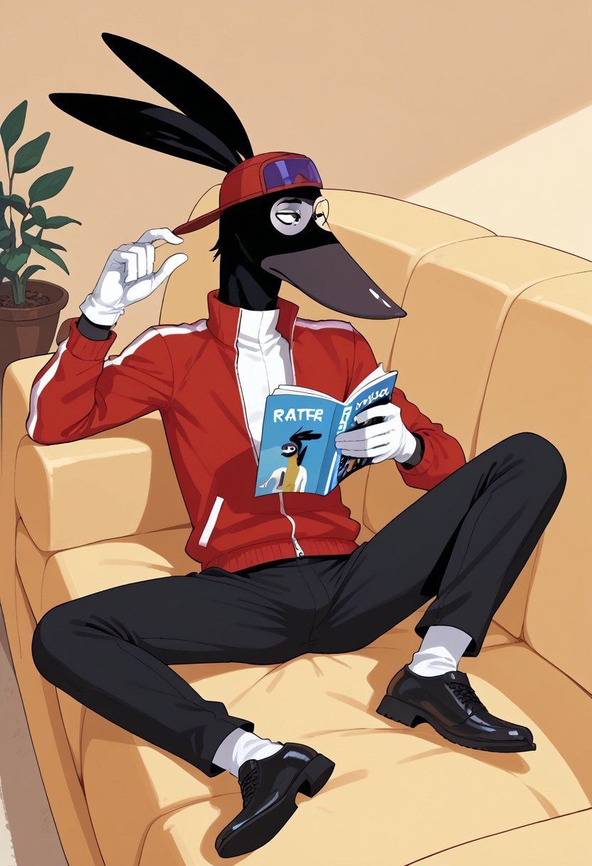 score_9, score_9_up, 1boy, solo, male, furry, animal, rat, black fur, rat tail, floppy ears, tall, slender, grey nose, big nose, mask marking, face mark, black eyes, white gloves, cap, sun glasses, red jacket, black pants, black shoes, lying on a sofa, reading a magazine, cartoon, source_cartoon