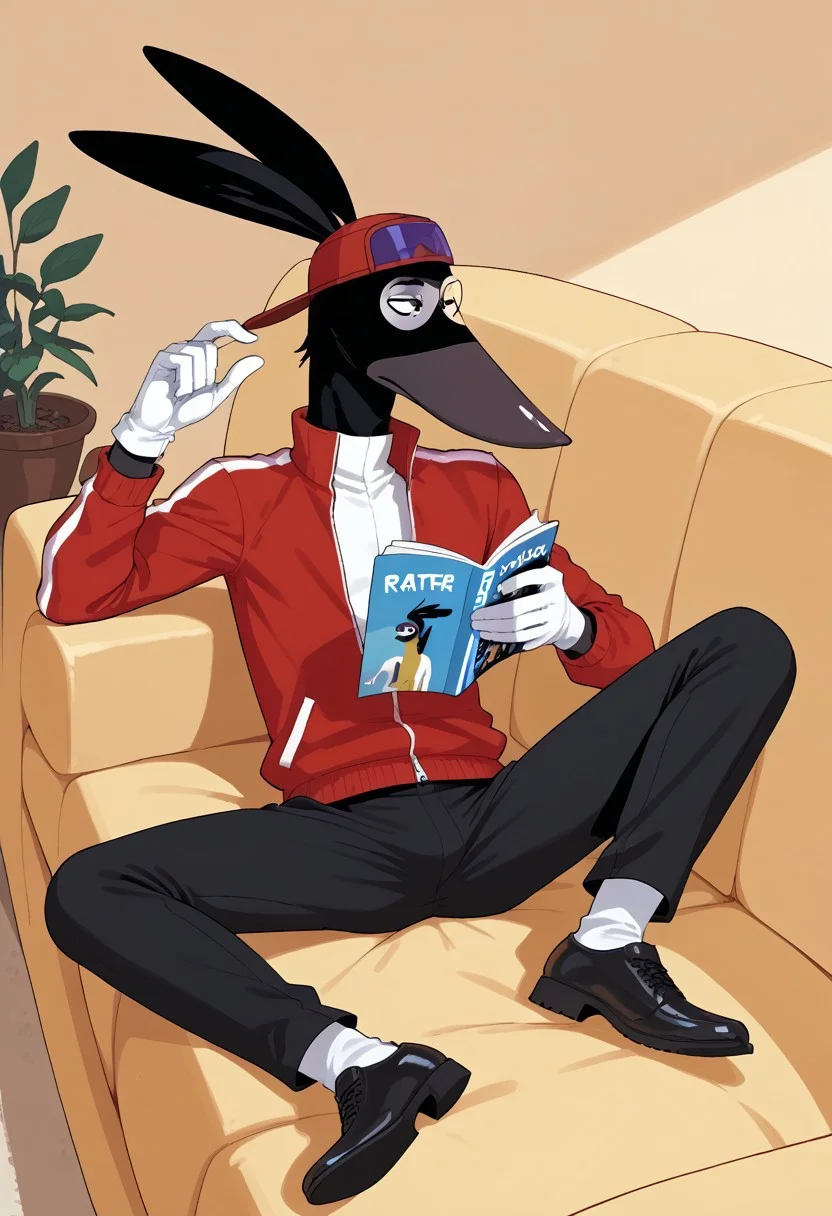 score_9, score_9_up, 1boy, solo, male, furry, animal, rat, black fur, rat tail, floppy ears, tall, slender, grey nose, big nose, mask marking, face mark, black eyes, white gloves, cap, sun glasses, red jacket, black pants, black shoes, lying on a sofa, reading a magazine, cartoon, source_cartoon
