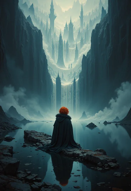 A lone figure with vibrant auburn hair, draped in furs and dark fabric, kneels on a precipice overlooking a tenebrous, reflective surface. Their form is mirrored below, but instead of a reflection, a cascade of spectral figures, rendered in diaphanous white, plummets into an abyss, their forms increasingly obscured by a stygian haze. Utilize chiaroscuro lighting, emanating an ethereal luminescence from the spectral figures, contrasting sharply with the melancholic palette of the primary figure and the desolate landscape. Emphasize the profound solitude and the haunting premonition of the piece.Hyperrealistic digital illustration, octane render, volumetric lighting, anamorphic lens flares, global illumination, high dynamic range, s-curve contrast, filmic gamma curve. dreamwave <lora:FLUX - Dreamwave Abstract Style ( dreamwave ):0.6>
