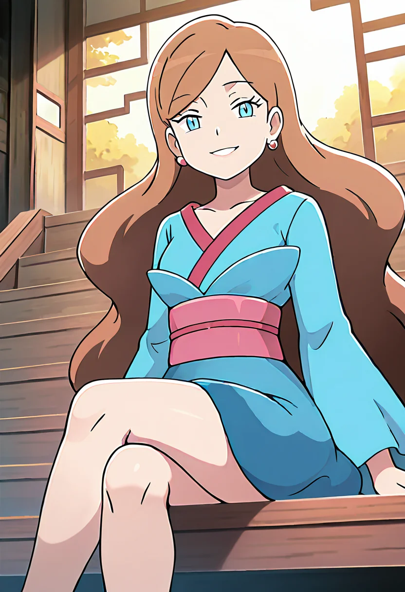 masterpiece, best quality, 1girl, solo, looking at viewer, smile, zzLinnea, blue eyes, brown hair, long hair, earrings, blue kimono, sash, , <lora:LinneaPokemon_IXL_v2:1.0>, sitting, crossed legs, upper body focus, smile, looking at viewer,