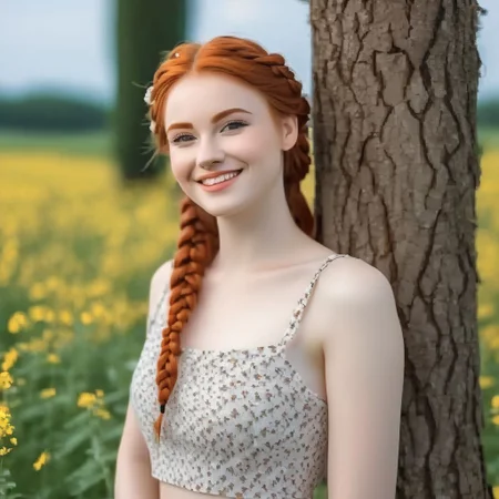 gorgeous pale american cute girl, smiling, (crop top), red hair loose braided hair, short polca skirt, lean against a tree, field, flowers smiling, perfectly symmetrical face, detailed skin, elegant, alluring, attractive, amazing photograph, masterpiece, best quality, 8K, high quality, photorealistic, realism, art photography, Nikon D850, 16k, sharp focus, masterpiece, breathtaking, atmospheric perspective, diffusion, pore correlation, skin imperfections, DSLR, 80mm Sigma f2, depth of field