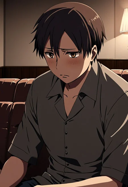 high resolution, solo, best quality, 1Boy, Takaki Toono, Brownish Hair, Brown Eyes, deep talk, depression, sit, couch, OverallDetail