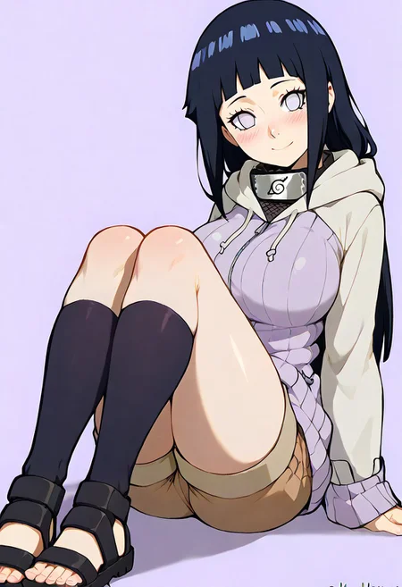 score_9, score_8_up, score_8, big breasts, (curvy), cute, eyelashes,
patHinata, hyuuga hinata, white eyes, short hair, bangs, black hair, blunt bangs, large breasts, long sleeves, shorts, socks, hood, kneehighs, hoodie, sandals, hood down, black socks, brown shorts, sitting, knees up, ass, long hair, side view,
zPDXL,
smile, looking at viewer, head tilt, blush, ,