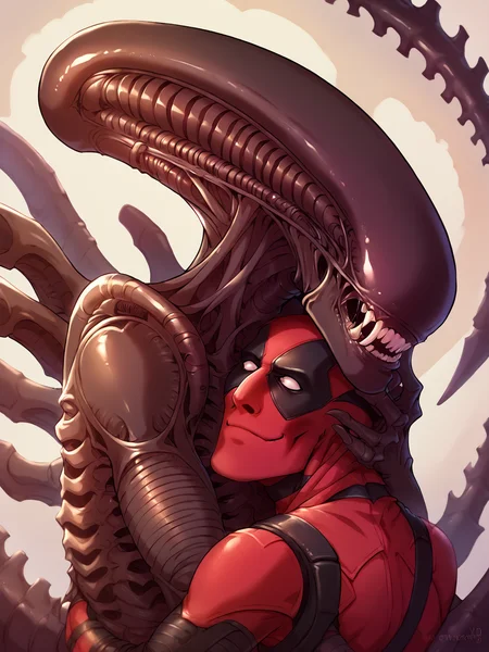 score_9,score_8_up,score_7_up,<lora:p3tl0v3XLP:1>,p3tl0v3,deadpool,
hug,xenomorph,an atmosphere of terror,xenomorph open your mouth,crack mouth smile,expose fangs,sharp_teeth,
<lora:xenomorph_pdxl> ,
<lora:CinematicStyle_v1:0.4>,<lora:dvr-bnz:0.5> dvr-bnz,<lora:sinfully_stylish_SDXL:0.6>,<lora:- SDXL - vanta-black_contrast_V3.0:0.5>,<lora:Deadpool_PONY:0.7> ,