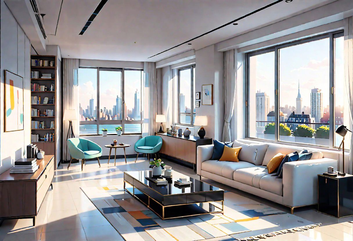 ((front view)), Shallow scene, ((animation style)), modern-style interior, with white walls, (large windows), a  study, Sofa, coffee table, bookcase, single wall, 
warm light morning sun, (City high-rise building scenery)