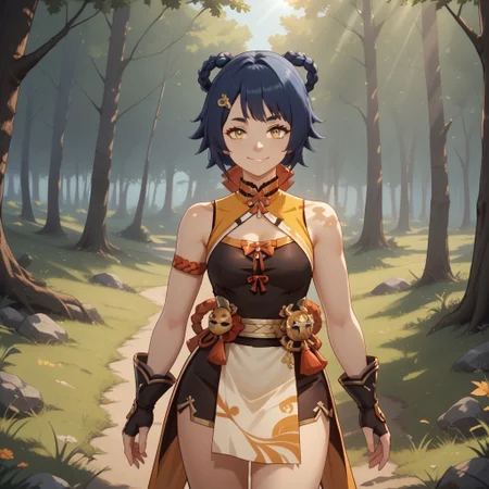 score_9, score_8, BREAK, solo, Xiangling_(Genshin_Impact), orange thigh brace, dark blue hair, yellow eyes, hair ornament, hair rings, braid, chinese clothes, hairclip, dress, short hair, bangs, sleeveless, bare shoulders, dot eyebrows, self portrait, smile, looking at viewer, outdoors, sunlight, shadows, evening lighting, natural lighting, forest, trees, grass, orange sky, sunset