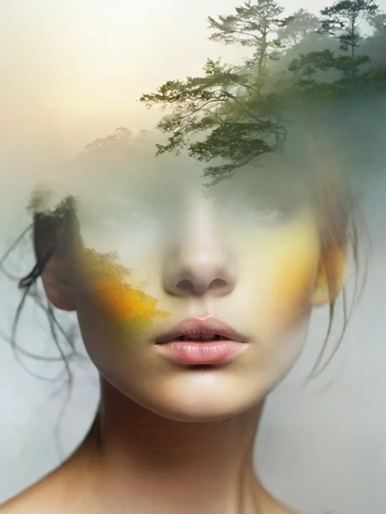free flowing, high definition, color theory, stunning, sharp focus, close up of head, portrait of a girl, double exposure, fog, amora-style <lora:antonio-mora-style:1>