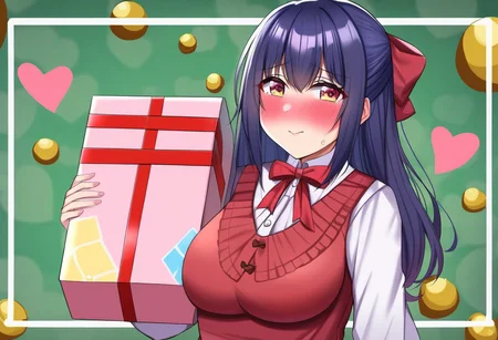 Girl recieves a gift (box of chocolates in shape of heart) from her boyfriend, she dressed in a dress, shy on her face with blush,
