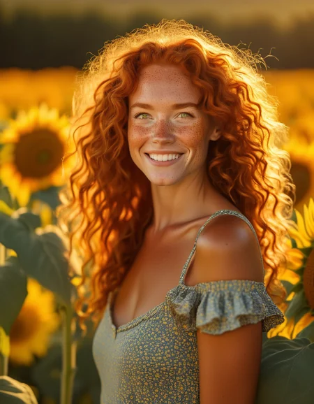 A portrait of a model with thick, curly red hair, her freckled face glowing with warmth. Sheâs standing in a field of sunflowers, her amber eyes filled with joy as she basks in the golden light of the late afternoon sun. <lora:usual-portrait-v2:1>