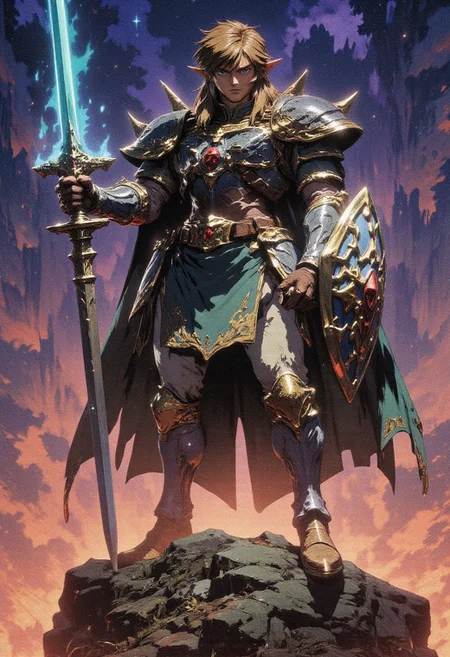 1 man,masterpiece, best quality, highres, ultra-detailed, dramatic lighting, full body, fantasy style, hero pose, link, detailed armor, iconic green tunic upgraded with silver and gold elements, medieval plate armor parts, right hand holds Hylian shield, left hand holds Master Sword, glowing sword, powerful stance, windswept hair, standing on a rocky cliff, twilight sky, glowing triforce on hand, epic background, magical aura, heroic expression, battle-ready, cinematic feel, fantasy environment, legendary hero