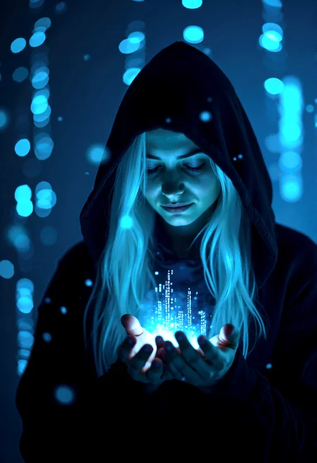 Photorealistic photography of a Tech priestess, A hooded person with closed eyes, their white hair glowing in the dark, with blue binary code floating around in a digital world. her hands raised slightly, as if controlling or manipulating digital data.











