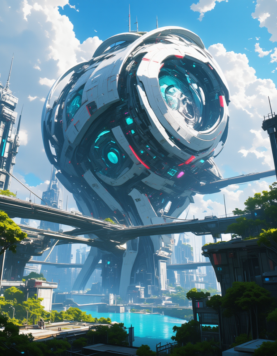 <lora:SW_Minis_7fluxc:1> futuristic science fiction huge mega structure building, epic scale, blue river, bridge, cyberpunk cityscape, vegetation,