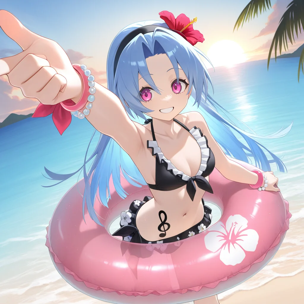 masterpiece, best quality, ultra-detailed, very aesthetic, detailed background, year 2023, very aesthetic, newest, scenery, highres, 4k, absurdres, 8k, colorful,vibrant, glowing, perfect face, 2d, perfect eyes, detailed eyes, 1girl, solo, beach, ocean, outdoors, palm trees, rocks, pebbles, detailed background, day, sun, sky, clouds, on innertube, stretching arm out,  satisfied relaxed smile, closed eyes, from above,                                                                                                                     
 blue hair, long hair, 5pbNep, Pb_Swm, pink eyes, musical note tattoo, tattoo, stomach tattoo, hair flower, headband, frilled bikini, black bikini, hibiscus, floral print, bikini skirt, ribbon-trimmed bikini, multiple bracelets, bead bracelet, pink bracelet, halterneck, 
  masterpiece, best quality, ultra-detailed, very aesthetic, newest, scenery, absurdres, perfect anatomy, perfect legs, perfect face, perfect eyes, clear eyes, beautiful eyes, perfect feet,