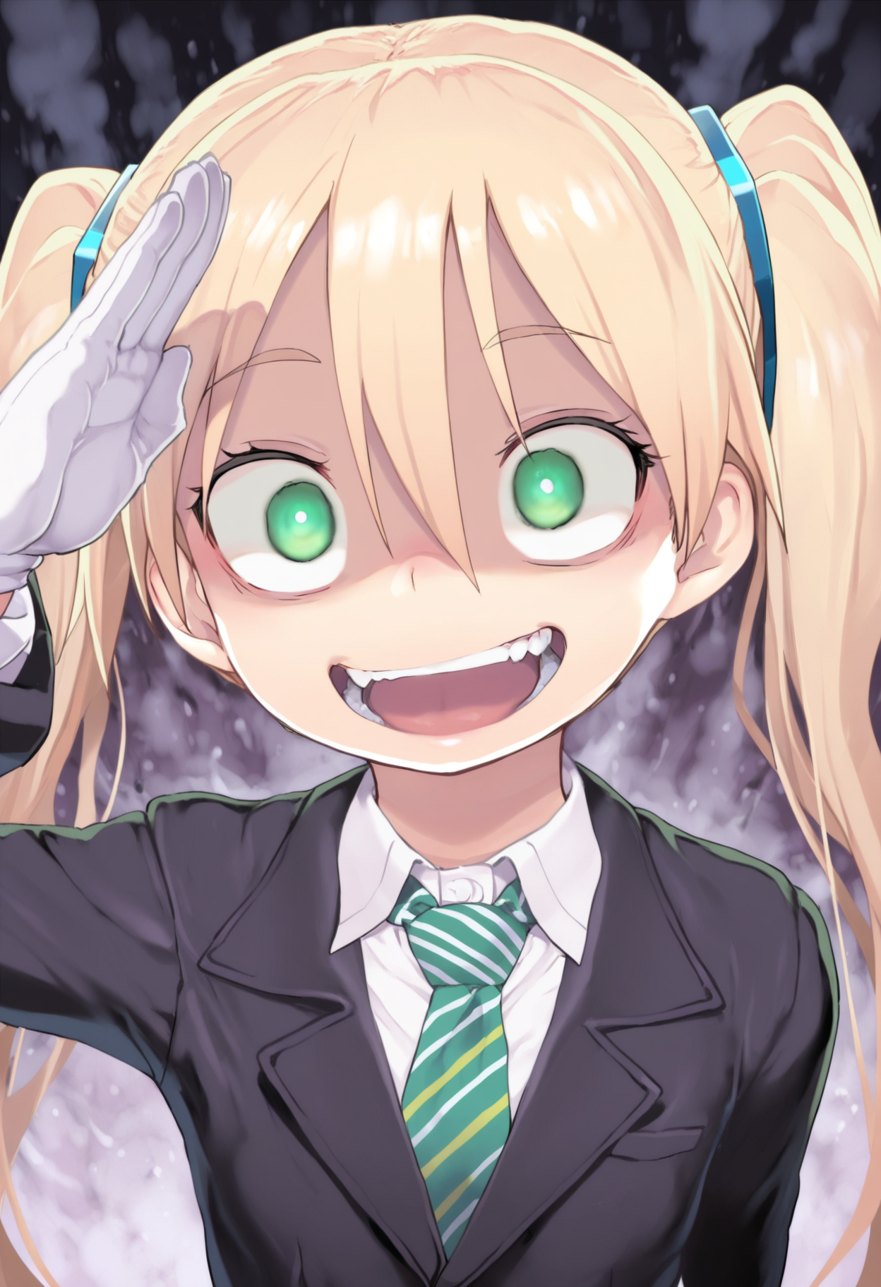 masterpiece,best quality,amazing quality,
1girl, green eyes, gloves, solo, twintails, white gloves, blonde hair, necktie, open mouth, green necktie, crazy eyes, hair between eyes, salute, striped necktie, shirt, collared shirt, jacket,
<lora:Nukaji:1>