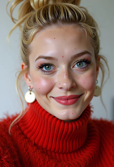 Beauty shot, professional studio quality.  A very closeup funny portrait of a beautiful owkx woman perky grinning at viewer wearing a cute fluffy red sweater.  blonde french twist hairstyle. lipstick, eye shadow, blush, freckles, mole on face, big kinky white plastic earrings., <lora:flux_model_mandy_fictional_owkx woman_2300:0.6>, , , , ,