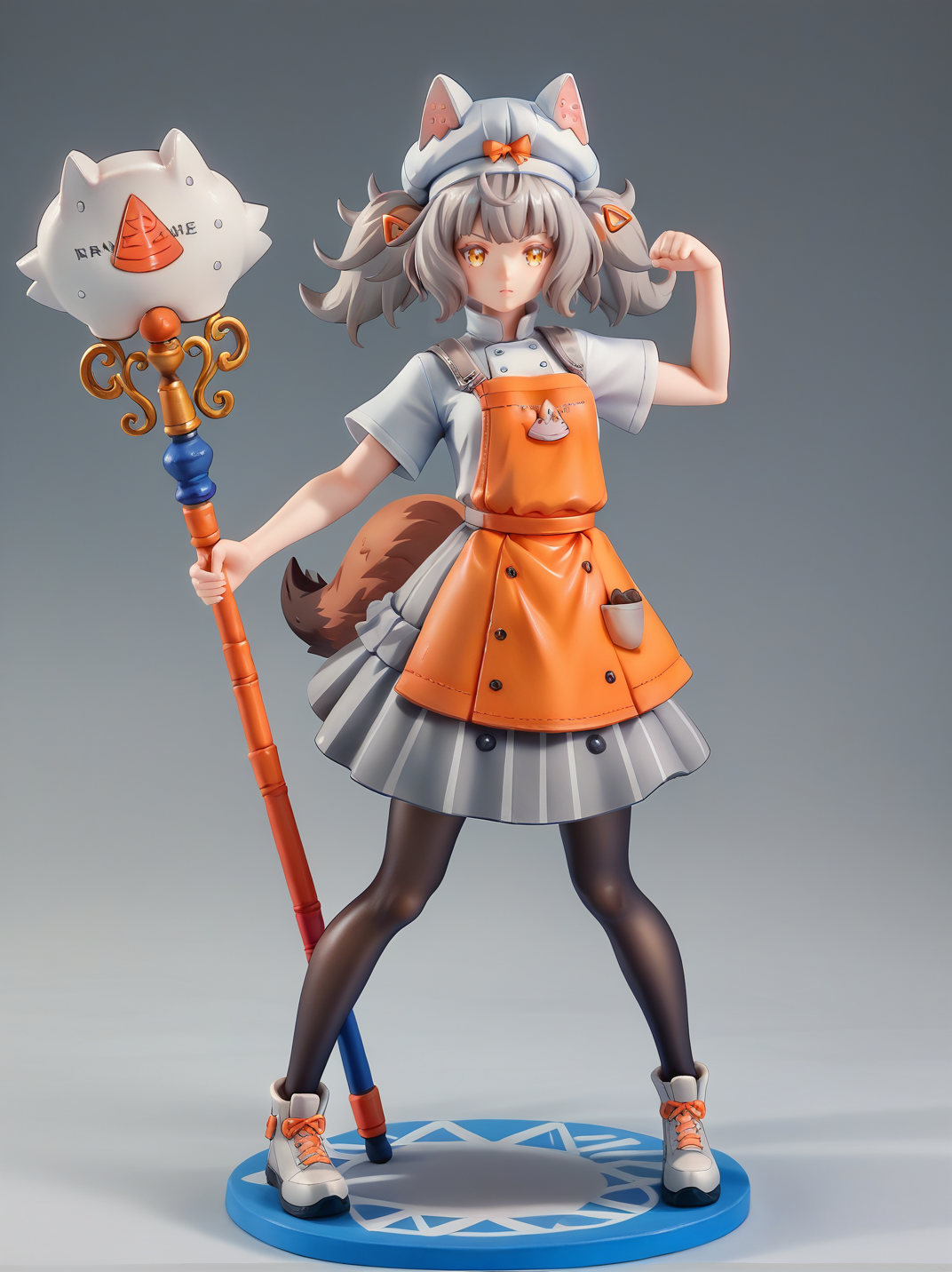 score_9, score_8_up, score_7_up,, 
1girl, full body, (dynamic pose:1.1), dynamic angle, simple background, epic pose, staff,
 <lora:AMargherita_character:0.7>, MargheritaXL,, grey hair,  yellow eyes, twintails, hair ornament, hat, single glove, white shirt, orange apron, pantyhose, grey skirt, animal ears, tail, <lora:Anime_Figure_P1:0.8> figure