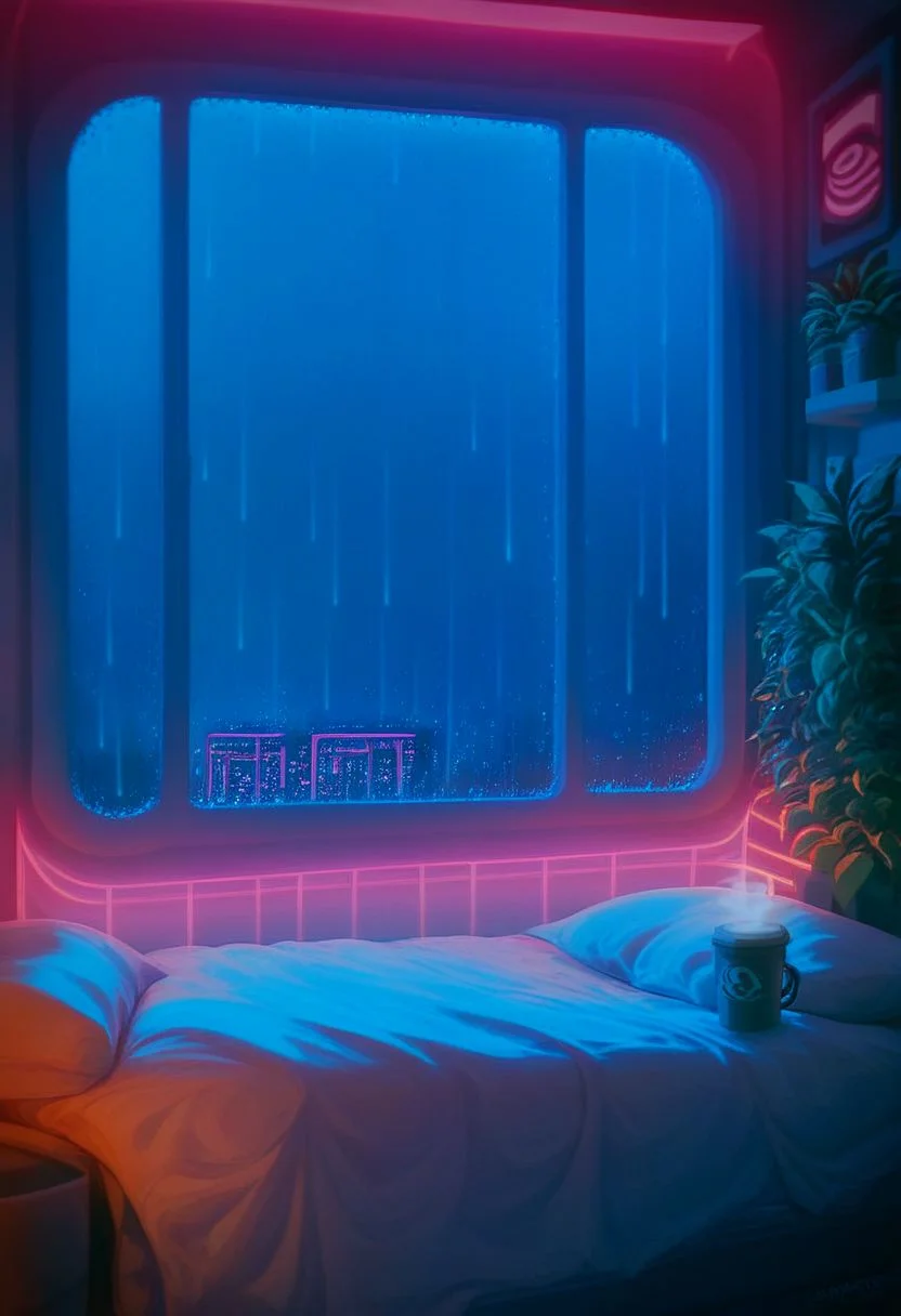 score_9,score_8_up,score_7_up,score_6_up, 
steaming coffee cup on windowsill, plants on the windowsill, wall of plants, monstera plant, large plant, tidy bedrrom, small room, cramped bedroom, teddies on the bed, cyberpunk city view out of the window, neon light, purple neon lights, rain, rain outside, rain on the window, rain only in the window frame, rain only outside, cat sleeping on the bed, cat on the bed