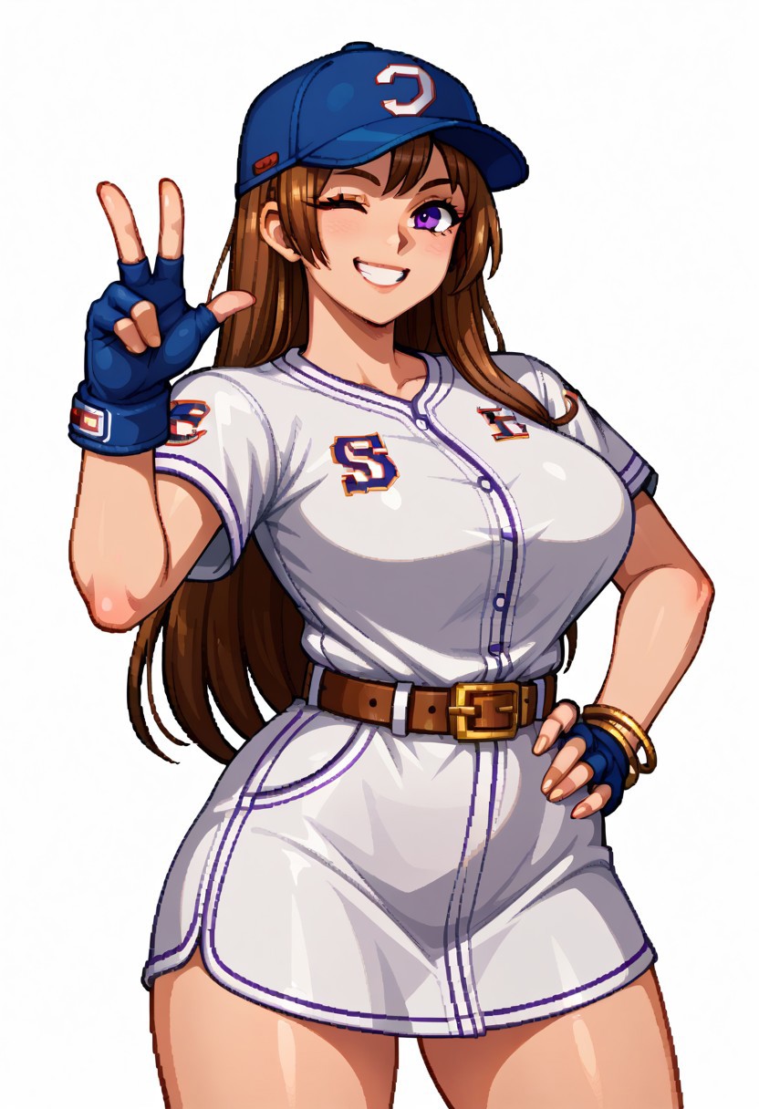 score_9, score_8_up, score_7_up,BREAK source_anime,white background,,shiny_clothes,shiny_skin, fingers, detailed hands,alone,large breast,smile,masterpiece,estilocps3,pixel art,128 bits, perfect body, perfect face, perfect_eyes,perfect_hands,detailed hands,fingers,shiny_clothes,shiny_skin,best quality,amazing quality,very aesthetic,AiNeogeo,long hair,brown hair,purple eyes,jewelry,bracelet, blue baseball hat,baseball uniform,short dress,belt,blue gloves,fingerles gloves,,hand on hip,wink in the right eye