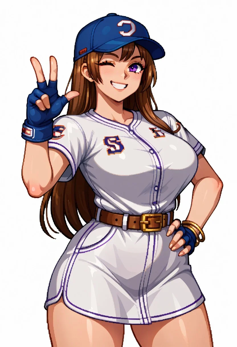 score_9, score_8_up, score_7_up,BREAK source_anime,white background,,shiny_clothes,shiny_skin, fingers, detailed hands,alone,large breast,smile,masterpiece,estilocps3,pixel art,128 bits, perfect body, perfect face, perfect_eyes,perfect_hands,detailed hands,fingers,shiny_clothes,shiny_skin,best quality,amazing quality,very aesthetic,AiNeogeo,long hair,brown hair,purple eyes,jewelry,bracelet, blue baseball hat,baseball uniform,short dress,belt,blue gloves,fingerles gloves,,hand on hip,wink in the right eye