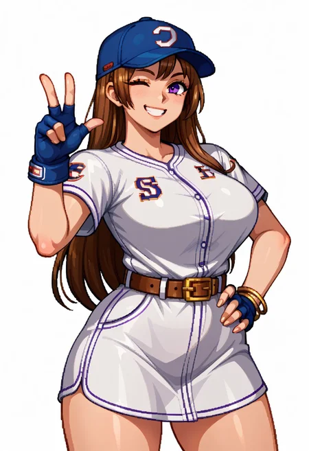 score_9, score_8_up, score_7_up,BREAK source_anime,white background,,shiny_clothes,shiny_skin, fingers, detailed hands,alone,large breast,smile,masterpiece,estilocps3,pixel art,128 bits, perfect body, perfect face, perfect_eyes,perfect_hands,detailed hands,fingers,shiny_clothes,shiny_skin,best quality,amazing quality,very aesthetic,AiNeogeo,long hair,brown hair,purple eyes,jewelry,bracelet, blue baseball hat,baseball uniform,short dress,belt,blue gloves,fingerles gloves,,hand on hip,wink in the right eye