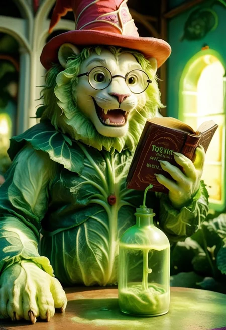 (An anthropomorphic white lion looks out at an audience, while reading aloud from a magical book, solo, 1man, 70yo, open mouth, happy smile, black and pink magician old dusty outfit made of cabbages, very small black round glasses, red hat:1.5). An opened impressive magic book, (book cover made of cabbages leafs, cabbage, cjdl:1.5), (leaking green fluo neon acid from inside to the outside, TOXNEO:2). (side view, 3/4:1.4), (focus on the book pages:2). Rays of light coming from inside the book.
The atmosphere is magical and dreamy.
(In the foreground, we see a cabbage that transforms into a monster following a toxic liquid, TOXNEO.:2)
Dusk, blue sky, orange rays of sun. dutch-angle, (foreshortening, perspective:2).