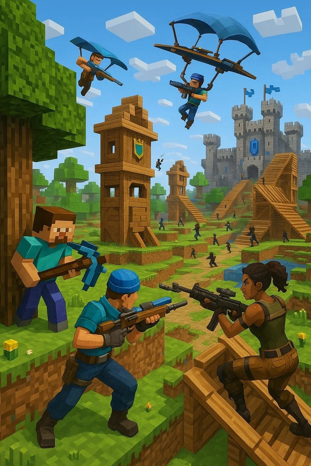 7. “Minecraft × Fortnite × Clash Royale”
A cube‑world battlefield where players mine wood to build towers à la Clash Royale, then swap to glider‑rifles and build ramp‑rush forts to storm enemy castles in a 100‑player royale.