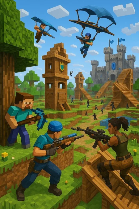 7. “Minecraft × Fortnite × Clash Royale”
A cube‑world battlefield where players mine wood to build towers à la Clash Royale, then swap to glider‑rifles and build ramp‑rush forts to storm enemy castles in a 100‑player royale.