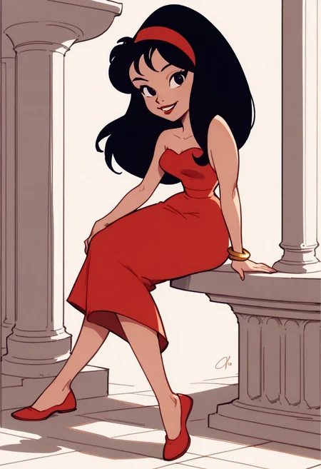 score_9, score_8_up, score_7_up BREAK Sexilia, 1girl, black hair, black eyes, red hairband, red lipstick, gold bracelet, sleeveless dress, smiling at viewer, full body,