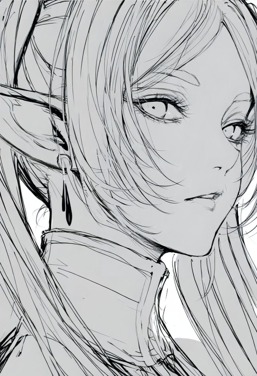1girl, greyscale, monochrome, solo, pointy ears, elf, twintails, looking at viewer, parted lips, portrait, simple background, long hair, jewelry, white background, earrings, sketch<lora:inoitohXL_il_lokr_V531:0.95>