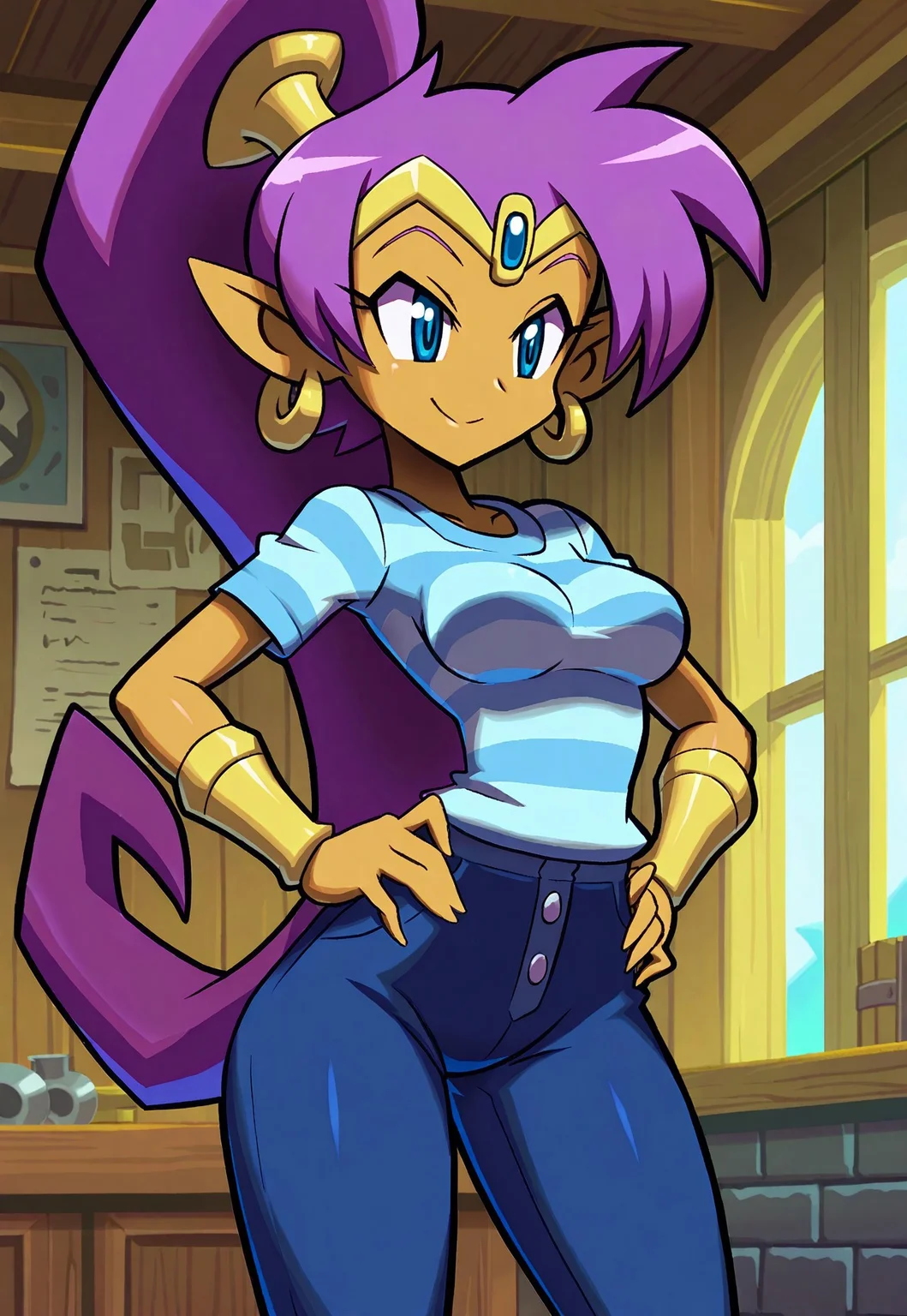 safe_pos, masterpiece, satpcstyle, Shantae, 1girl, solo, earrings, breasts, hoop earrings, ponytail, blue striped pajama shirt, buttons, smiling, hands on hips, medium breasts, forehead jewel, blue pajama pants, indoors