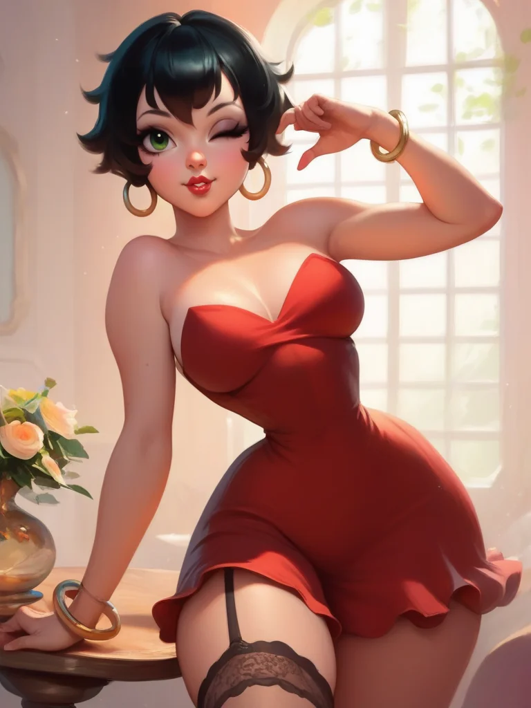 score_9, score_8_up, score_7_up, 1girl, dynamic pose, cowboy shot, light smile, looking at viewer, daylight, sexy pose, sexually suggestive, parted lips, finger in lips, cute pose, one eye closed, elegant room, detailed background,
<lora:ABettyBoop_character:0.8>, BettyBoopXLP, black hair, short hair, green eyes, garter, makeup, lipstick, hoop earrings, red dress, bracelet, strapless, narrow waist, wide hips, cartoon,<lora:Bonifasco_PonyXL_v1:0.6>