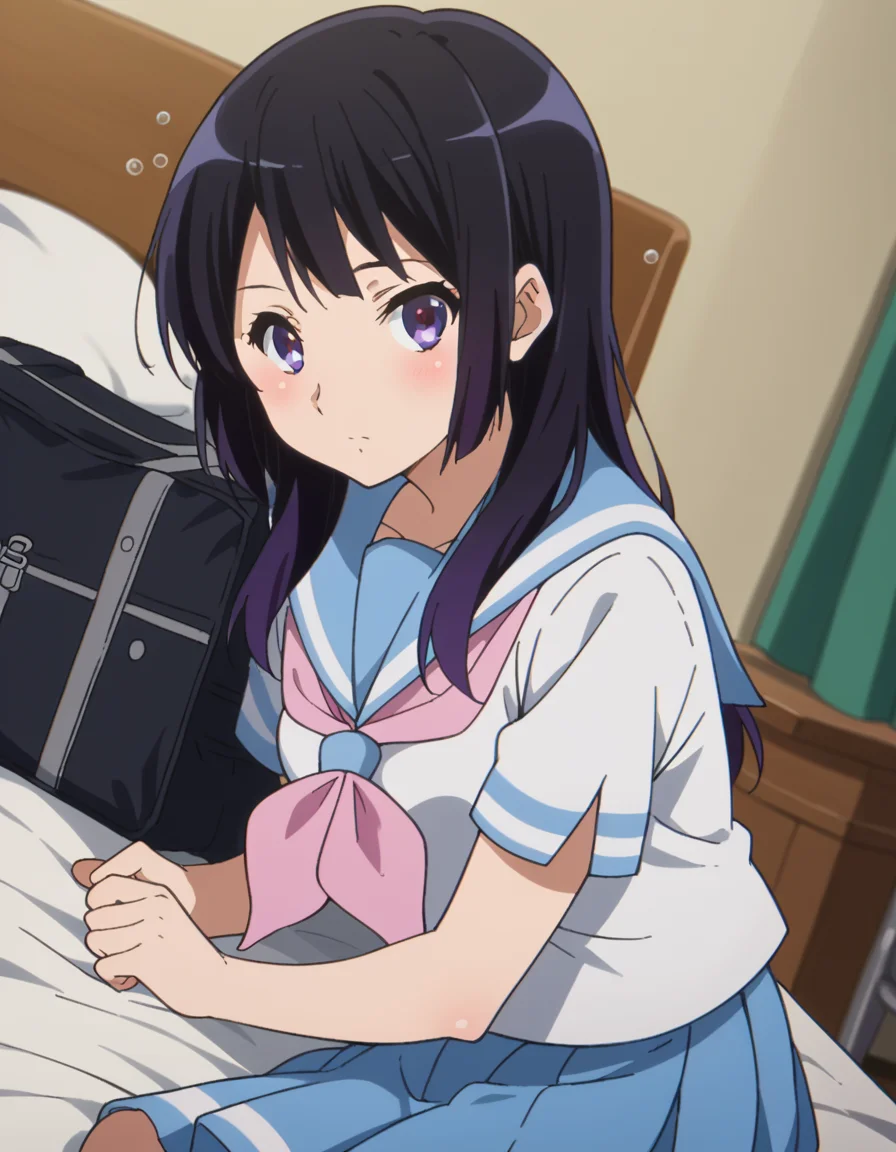 score_9, score_8_up, score_7_up, source_anime,
reinakousaka, <lora:reina-kousaka-ponyxl-lora-nochekaiser:1>,
reina kousaka, long hair, bangs, black hair, purple eyes,
skirt, shirt, school uniform, white shirt, short sleeves, pleated skirt, serafuku, sailor collar, blue skirt, neckerchief, blue sailor collar, school bag, pink neckerchief, kitauji high school uniform,
indoors, bed, bed room, on side, blush, drunk,
looking at viewer, cowboy shot, dutch angle,