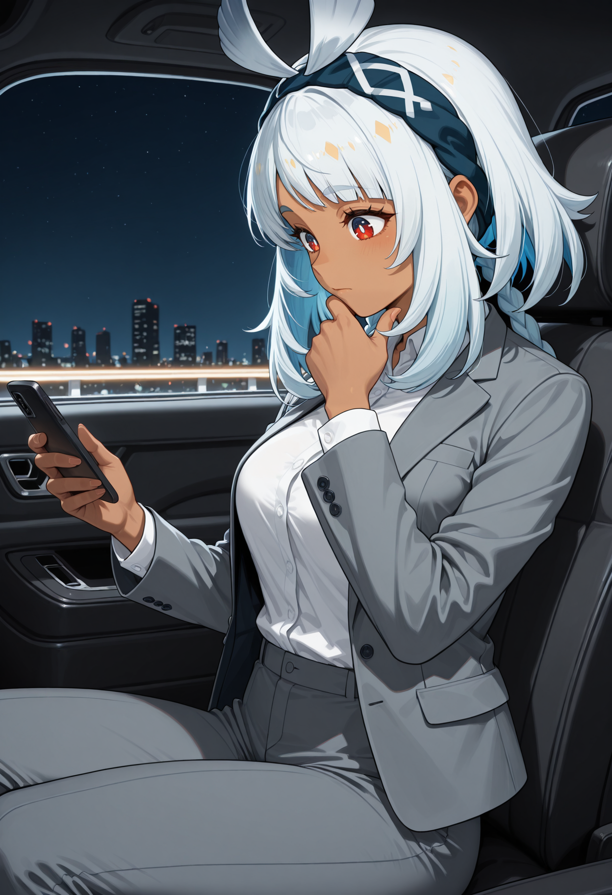 masterpiece, best quality, highres, absurdres, very awa, 1girl, solo, inaaum, white hair, twin braids, long hair, dark-skinned female, grey jacket, grey pants, long sleeves, office lady, open jacket, pant suit, white shirt, holding phone, looking at phone, looking down, smartphone, red eyes, blue hairband, from front, car interior, night, back seat, hand up, hand on own chin, stroking own chin, thinking, closed mouth